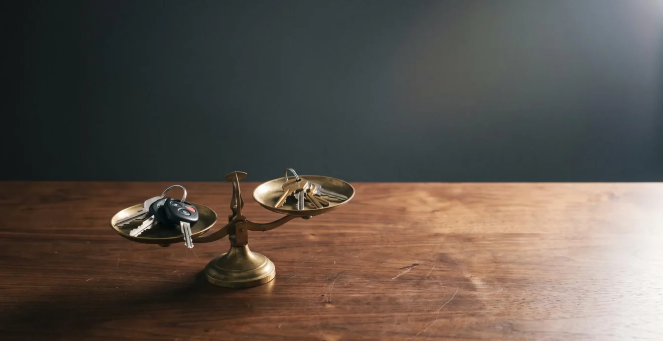 Clés de voiture et clés de maison posées en équilibre sur une balance symbolisant le risque financier du défaut d'assurance