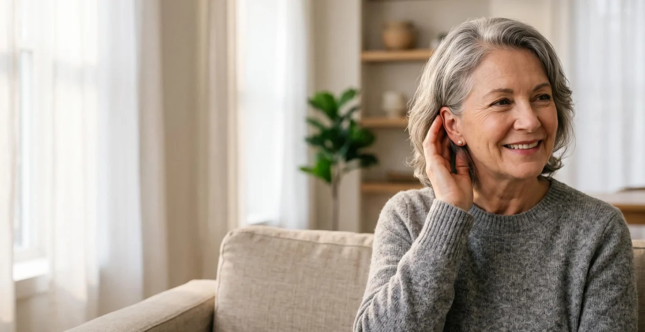 Portrait chaleureux d'une personne senior souriante et détendue, symbolisant le retour à une audition sereine sans contrainte financière