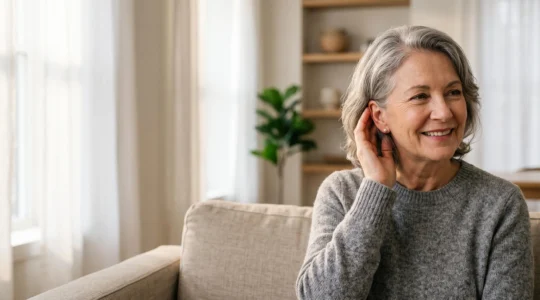 Portrait chaleureux d'une personne senior souriante et détendue, symbolisant le retour à une audition sereine sans contrainte financière