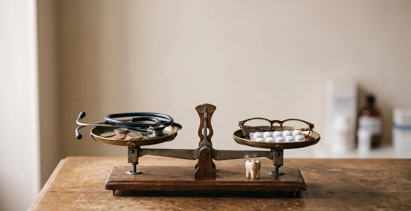Une balance en bois mettant en équilibre des objets médicaux symboliques et des pièces de monnaie, illustrant l'ajustement entre besoins de santé réels et coût de la mutuelle