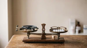 Une balance en bois mettant en équilibre des objets médicaux symboliques et des pièces de monnaie, illustrant l'ajustement entre besoins de santé réels et coût de la mutuelle