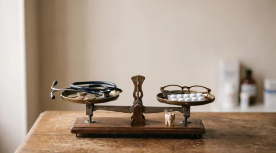Une balance en bois mettant en équilibre des objets médicaux symboliques et des pièces de monnaie, illustrant l'ajustement entre besoins de santé réels et coût de la mutuelle