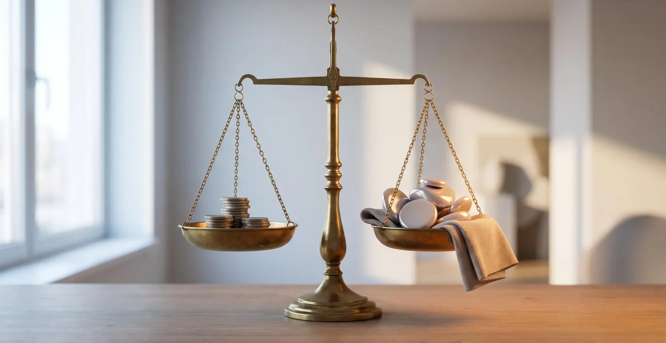 Balance dorée en équilibre symbolisant le salaire net et les avantages sociaux cachés dans la rémunération globale d'un salarié français