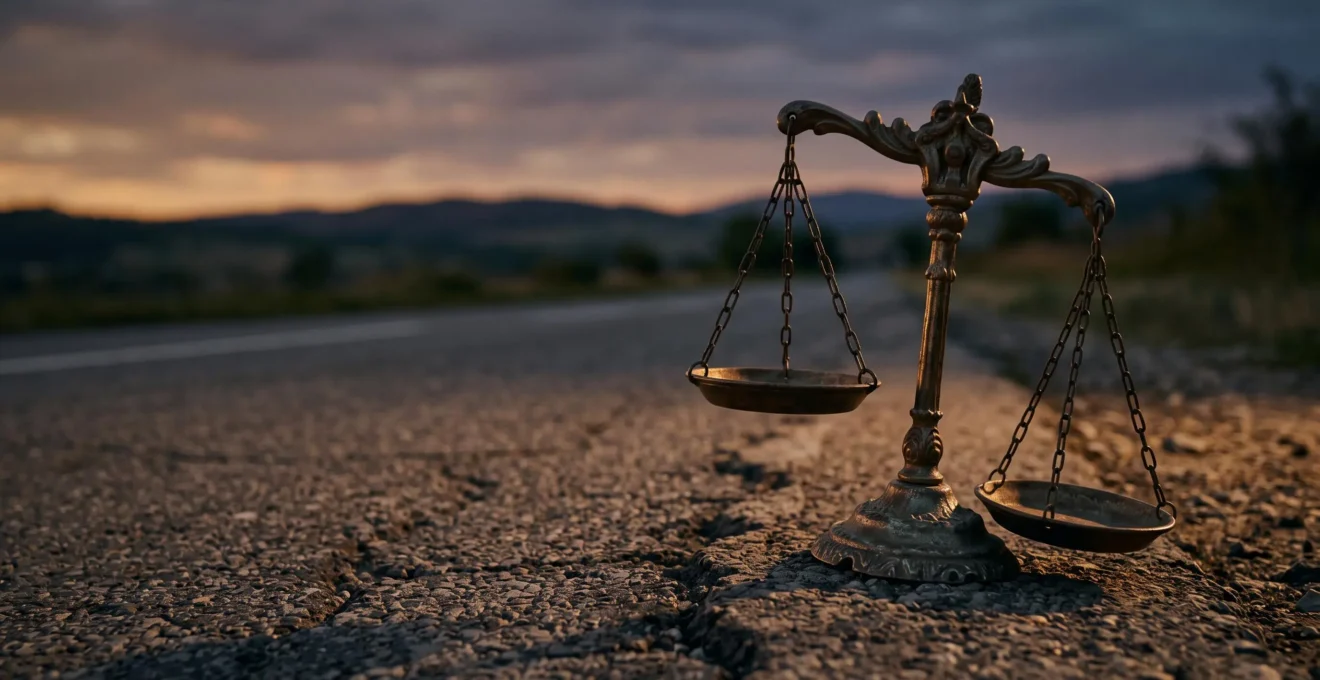 Balance de la justice en équilibre précaire au-dessus d'une route accidentée, symbolisant le risque financier d'un accident corporel grave