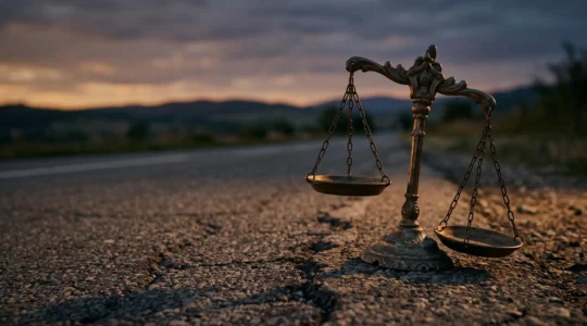 Balance de la justice en équilibre précaire au-dessus d'une route accidentée, symbolisant le risque financier d'un accident corporel grave
