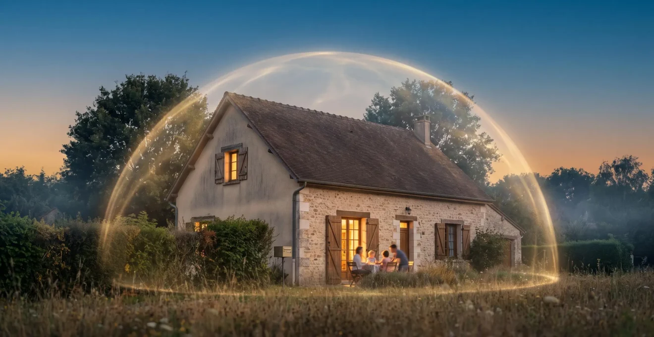 Photographie symbolique d'une maison familiale protégée par une lumière enveloppante représentant la sécurité financière et l'assurance du patrimoine