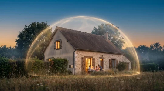 Photographie symbolique d'une maison familiale protégée par une lumière enveloppante représentant la sécurité financière et l'assurance du patrimoine