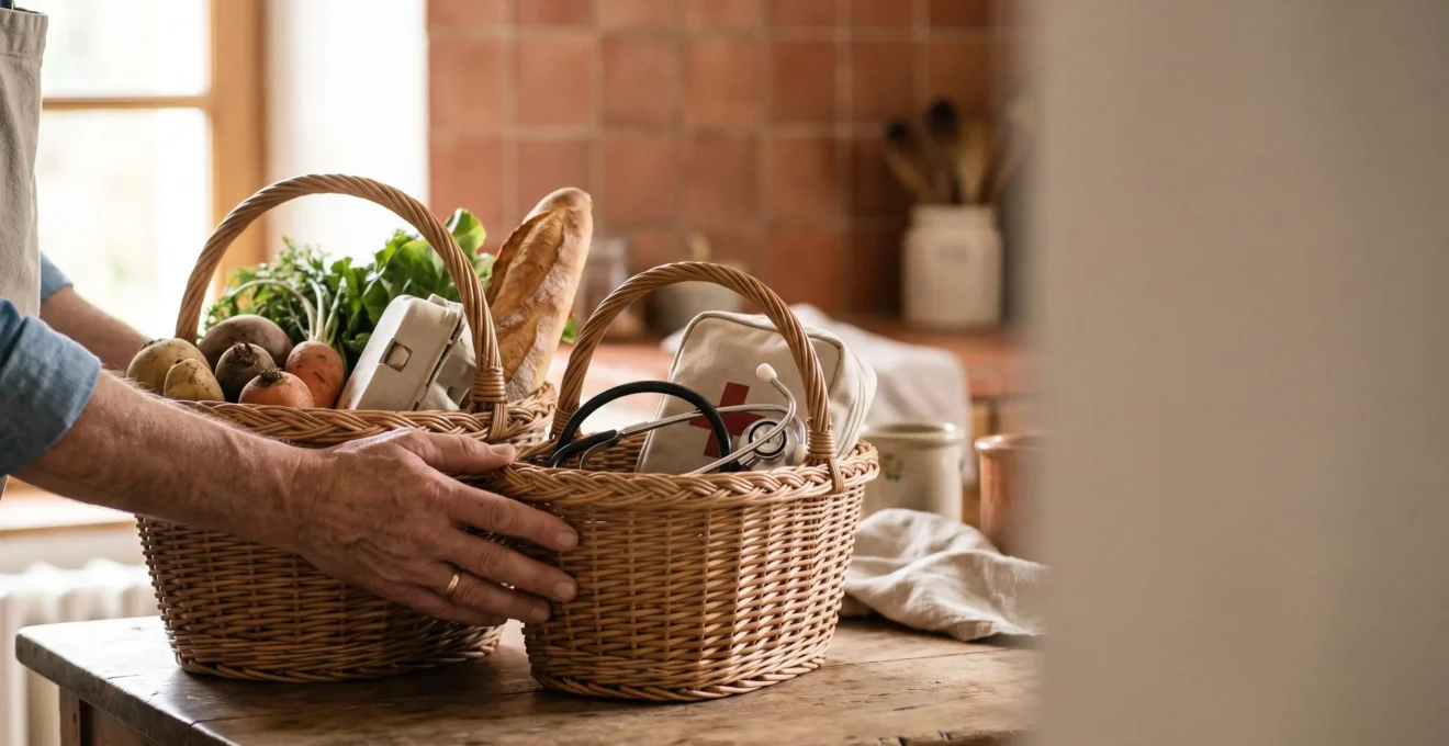 Mains tenant deux paniers en osier, l'un rempli de légumes frais et l'autre contenant des objets symbolisant la santé, illustrant l'arbitrage budgétaire entre mutuelle et alimentation