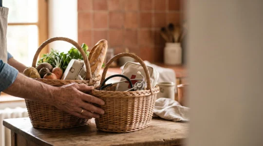 Mains tenant deux paniers en osier, l'un rempli de légumes frais et l'autre contenant des objets symbolisant la santé, illustrant l'arbitrage budgétaire entre mutuelle et alimentation