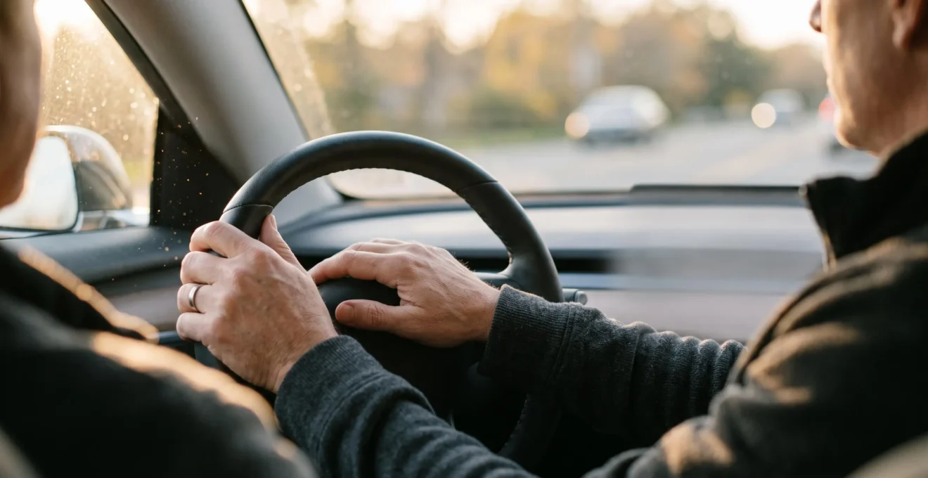 Portrait symbolique d'un conducteur serein au volant, illustrant la maîtrise et la prudence récompensées par une baisse de prime d'assurance
