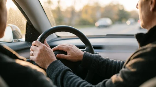 Portrait symbolique d'un conducteur serein au volant, illustrant la maîtrise et la prudence récompensées par une baisse de prime d'assurance