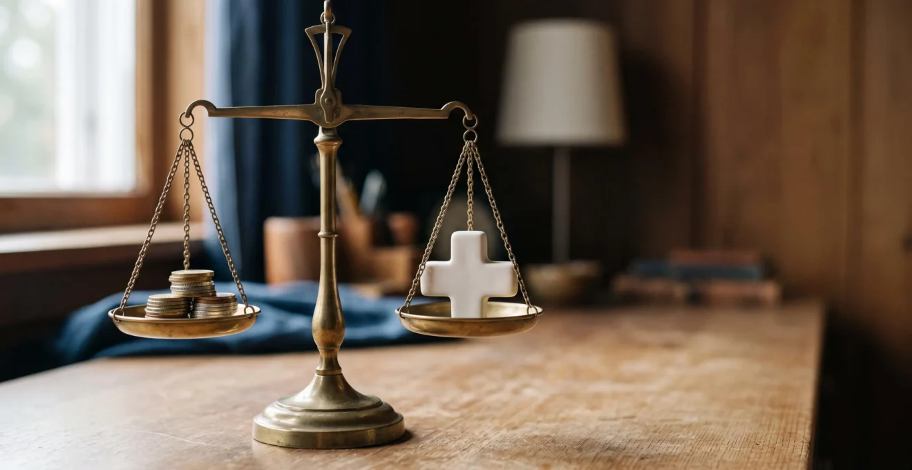 Balance symbolique illustrant l'équilibre entre économies sur la mutuelle santé et qualité des soins