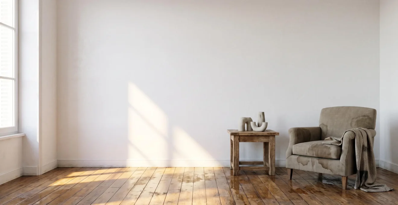 Salon endommagé par un dégât des eaux avec objets personnels partiellement recouverts, symbolisant le processus d'indemnisation d'une assurance habitation