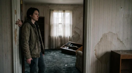 Personne debout dans l'entrée de son logement sinistré, éclairée par la lumière du matin, tenant un téléphone, dans une composition symbolisant la décision cruciale des premières heures après un sinistre