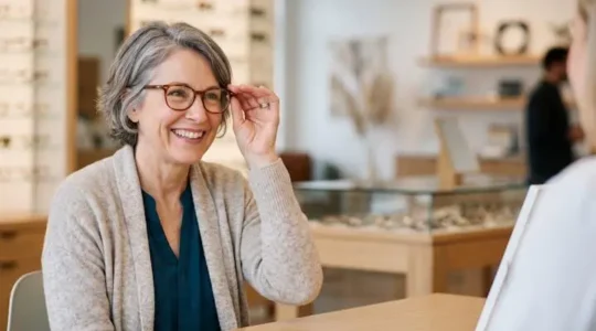 Portrait lumineux d'une personne essayant une nouvelle paire de lunettes chez un opticien, symbole d'un accès facilité à une bonne vue