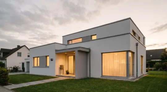 Maison familiale au crépuscule évoquant la sécurité et la valorisation d'un bien immobilier bien assuré