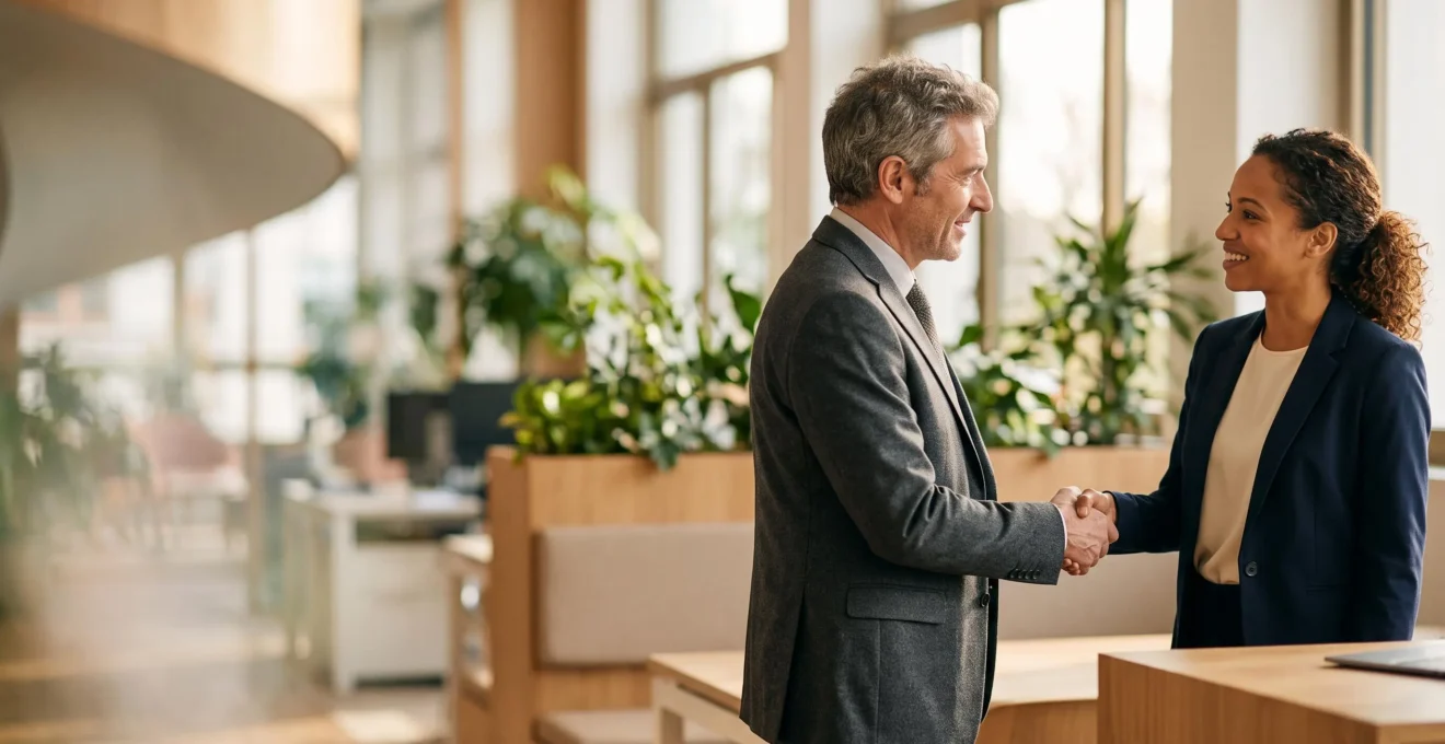 Poignée de main chaleureuse entre un recruteur et un nouveau collaborateur dans un bureau lumineux, symbolisant la mutuelle comme avantage social attractif