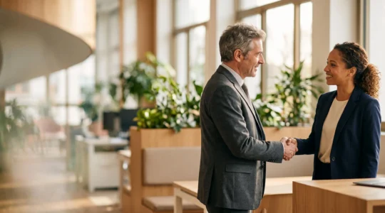 Poignée de main chaleureuse entre un recruteur et un nouveau collaborateur dans un bureau lumineux, symbolisant la mutuelle comme avantage social attractif