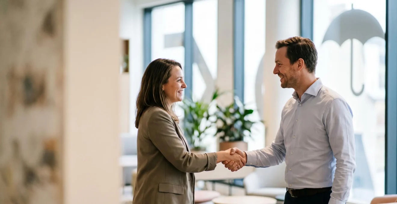 Dirigeant d'entreprise et salarié se serrant la main dans un bureau lumineux, symbolisant l'equilibre entre optimisation des charges et protection sociale