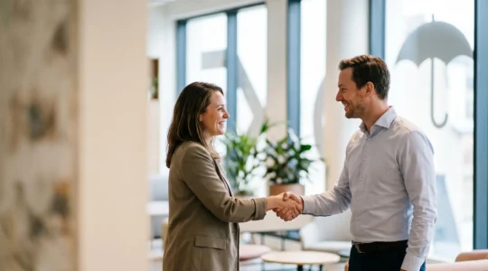 Dirigeant d'entreprise et salarié se serrant la main dans un bureau lumineux, symbolisant l'equilibre entre optimisation des charges et protection sociale