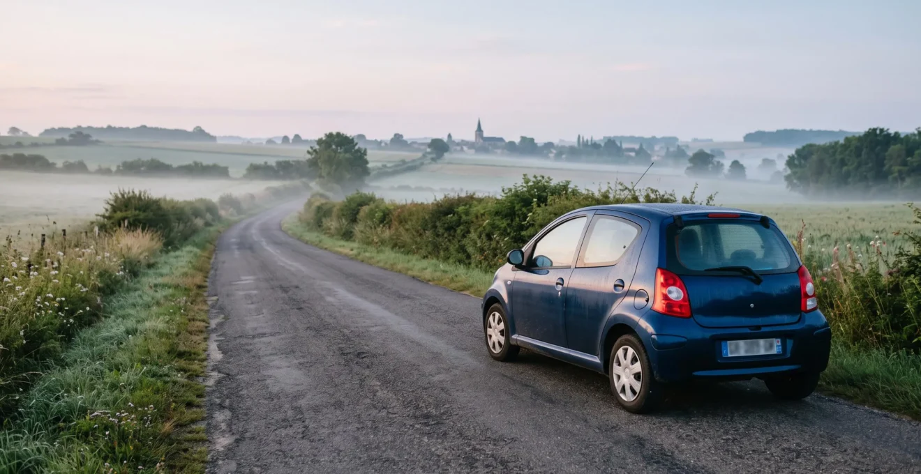 Petite voiture citadine garée seule sur une route de campagne calme, illustrant le profil d'un conducteur petit rouleur