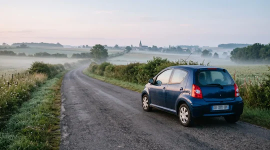 Petite voiture citadine garée seule sur une route de campagne calme, illustrant le profil d'un conducteur petit rouleur