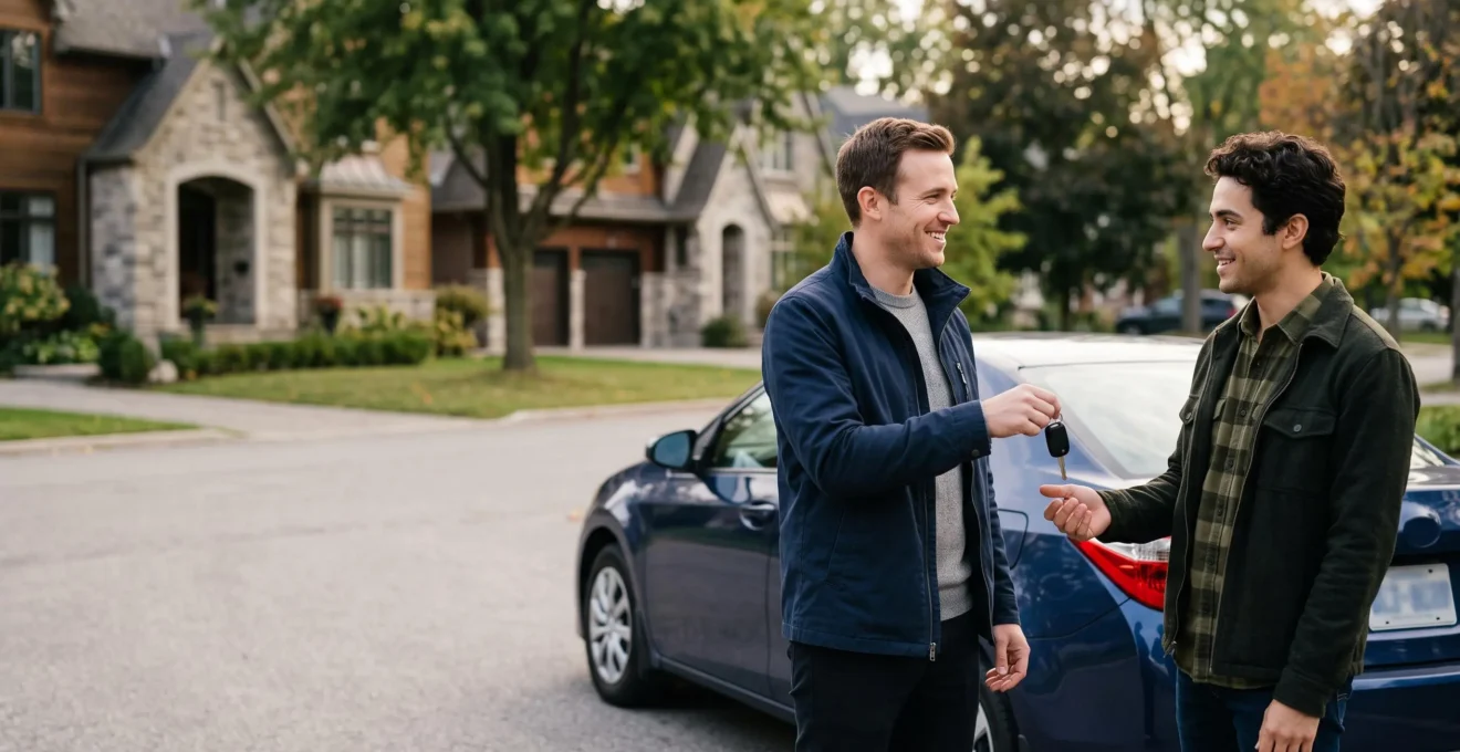 Un automobiliste tend les clés de sa voiture à un ami devant une maison, illustrant les enjeux d'assurance lors d'un prêt de véhicule