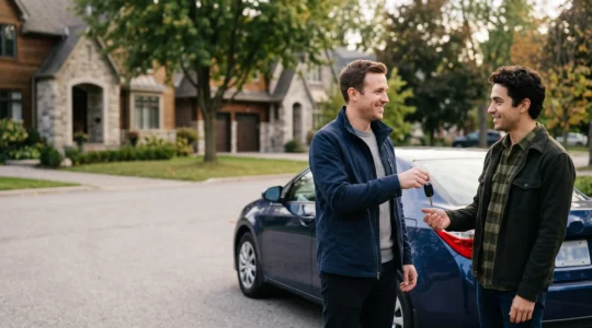 Un automobiliste tend les clés de sa voiture à un ami devant une maison, illustrant les enjeux d'assurance lors d'un prêt de véhicule