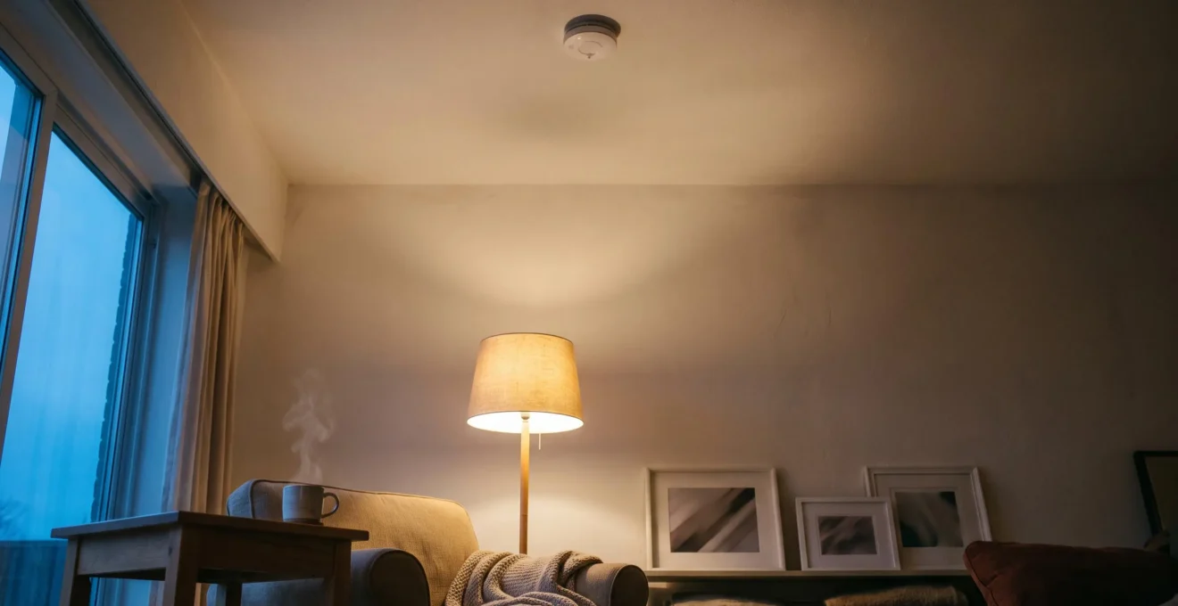 Interieur chaleureux d'un salon familial avec un detecteur de fumee installe au plafond, symbole de securite et de prevention contre l'incendie