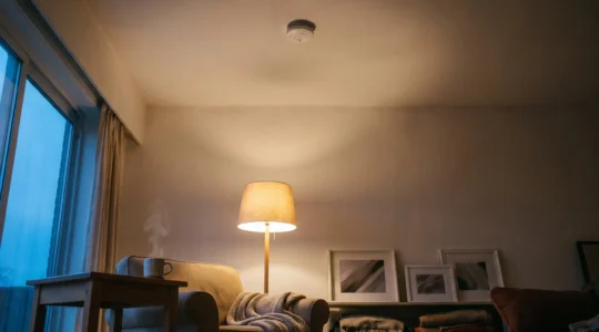 Interieur chaleureux d'un salon familial avec un detecteur de fumee installe au plafond, symbole de securite et de prevention contre l'incendie