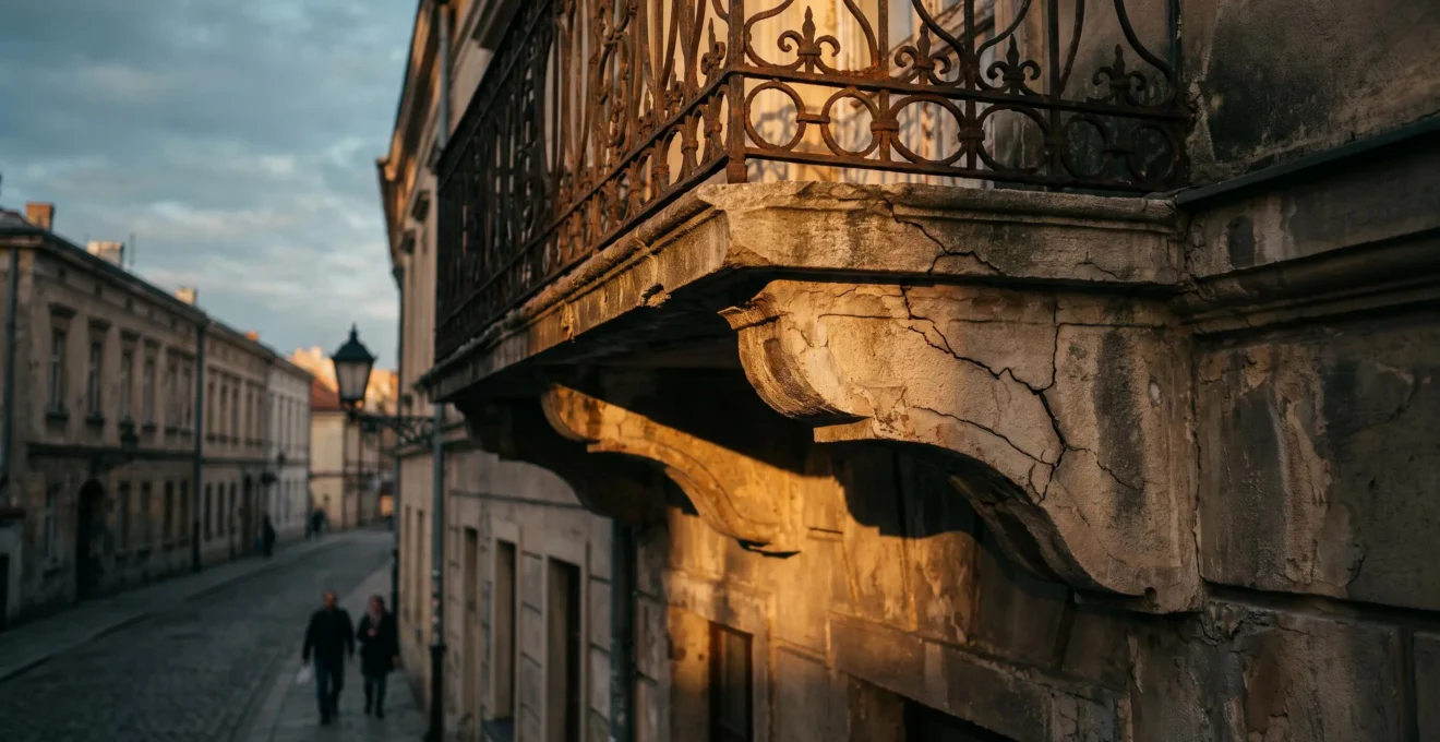 Balcon ancien d'un immeuble avec structure fragilisée surplombant un trottoir animé, illustrant le risque juridique pour le propriétaire
