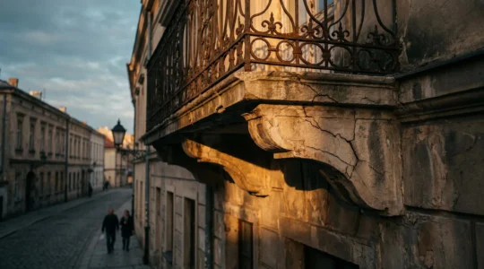 Balcon ancien d'un immeuble avec structure fragilisée surplombant un trottoir animé, illustrant le risque juridique pour le propriétaire