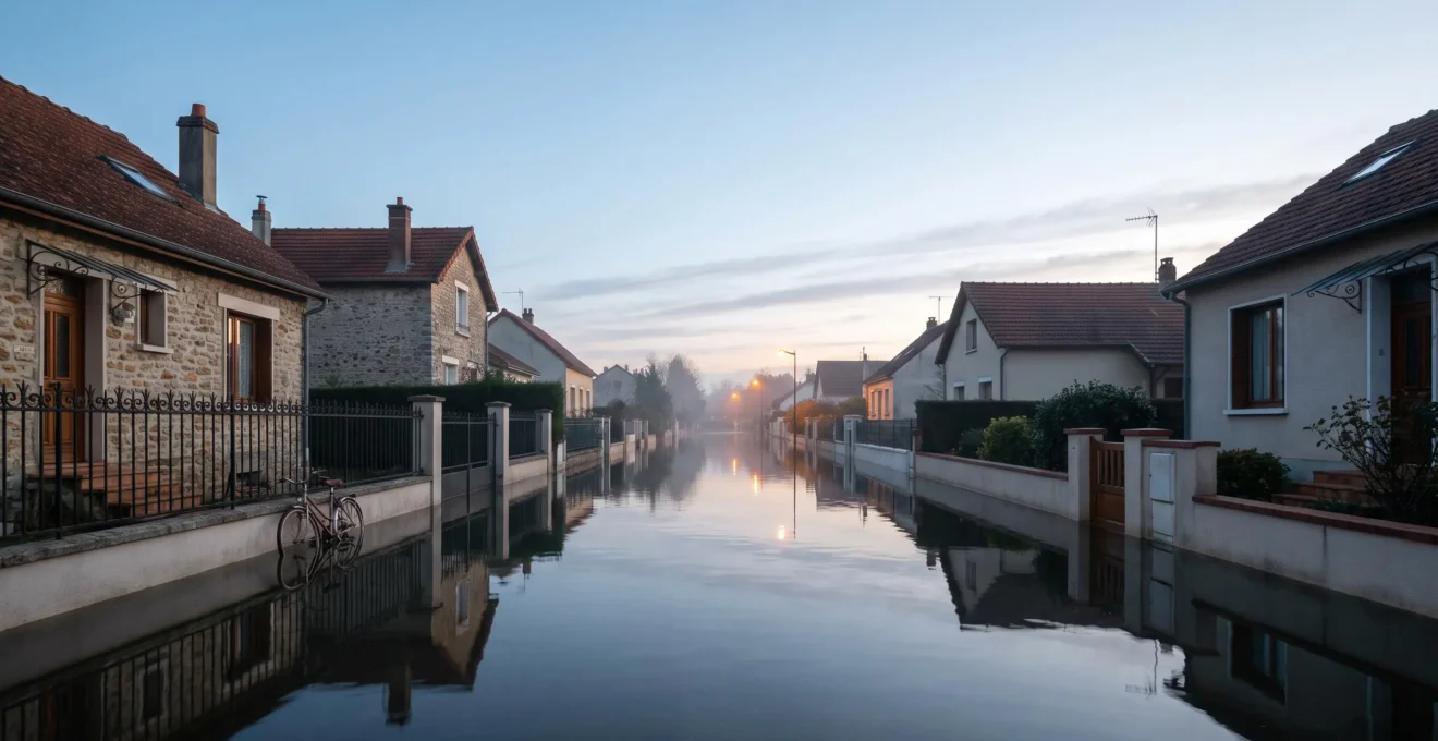 Rue pavillonnaire francaise partiellement inondee au crepuscule, illustrant la hausse du risque inondation