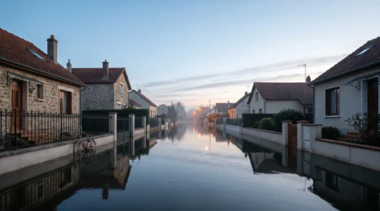 Rue pavillonnaire francaise partiellement inondee au crepuscule, illustrant la hausse du risque inondation