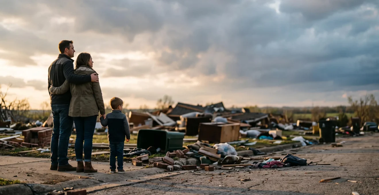 Une famille observe à l'horizon les décombres de son quartier après une catastrophe majeure, symbole de résilience et de reconstruction