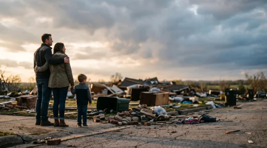 Une famille observe à l'horizon les décombres de son quartier après une catastrophe majeure, symbole de résilience et de reconstruction
