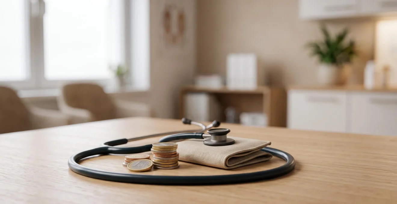 Illustration symbolique d'un stethoscope enroule autour de pieces de monnaie representant la rentabilite d'une mutuelle sante des la premiere annee