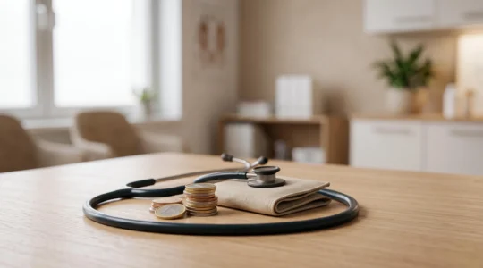 Illustration symbolique d'un stethoscope enroule autour de pieces de monnaie representant la rentabilite d'une mutuelle sante des la premiere annee