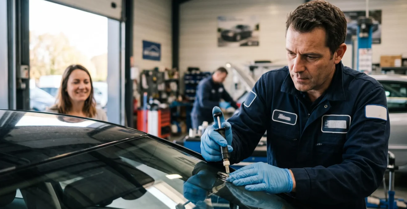 Technicien réparant un impact de pare-brise au petit matin dans un garage français, symbolisant une intervention rapide et sans franchise
