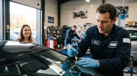 Technicien réparant un impact de pare-brise au petit matin dans un garage français, symbolisant une intervention rapide et sans franchise