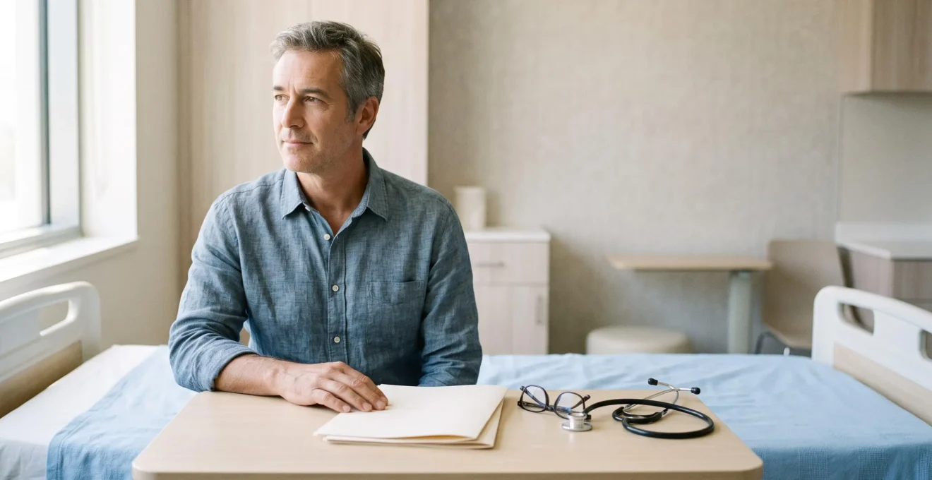 Patient serein consultant un dossier médical dans une chambre de clinique privée moderne et lumineuse, symbolisant la maîtrise du reste à charge
