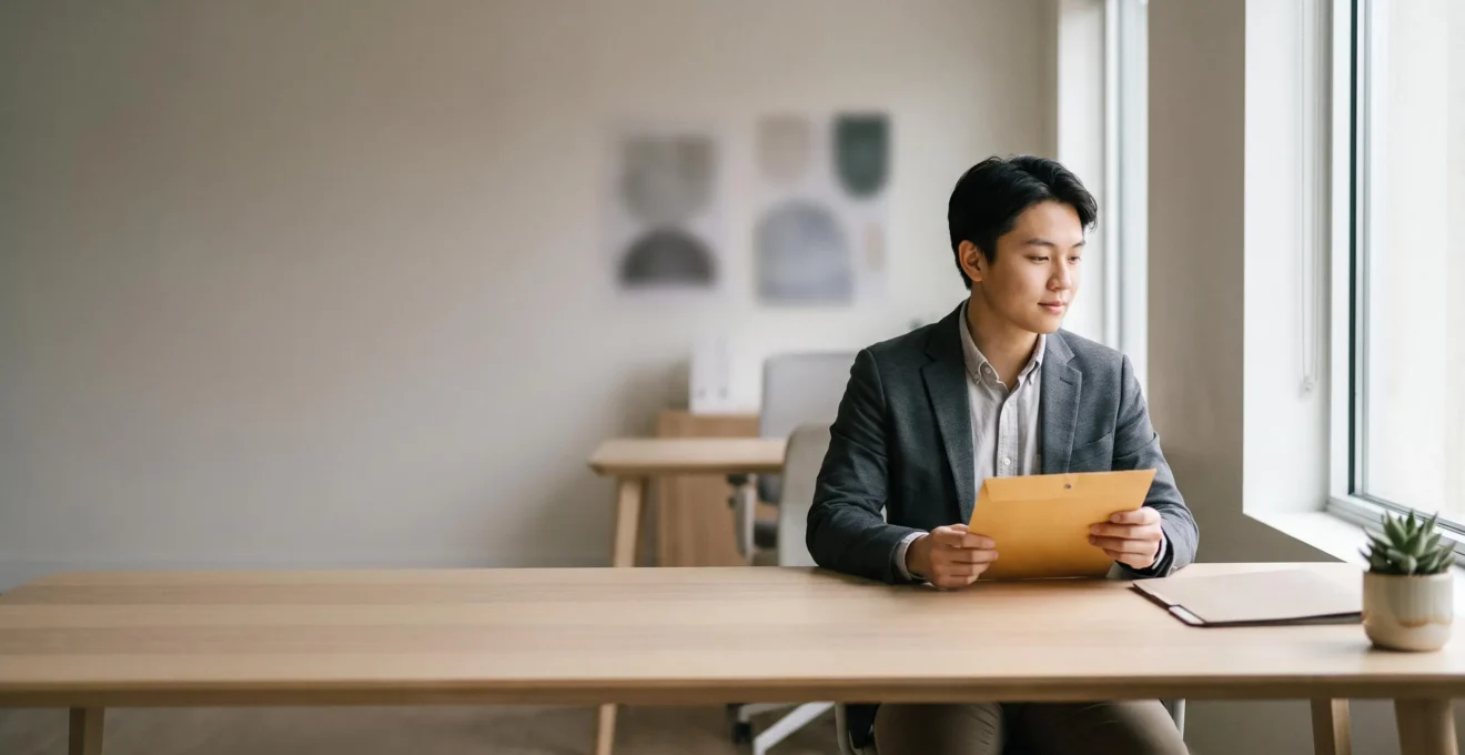 Salarié dans un bureau lumineux tenant une enveloppe fermée symbolisant les avantages méconnus de sa mutuelle d'entreprise