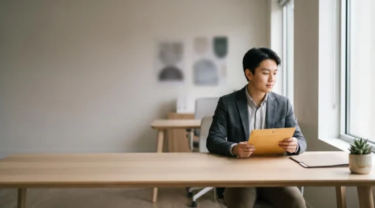 Salarié dans un bureau lumineux tenant une enveloppe fermée symbolisant les avantages méconnus de sa mutuelle d'entreprise
