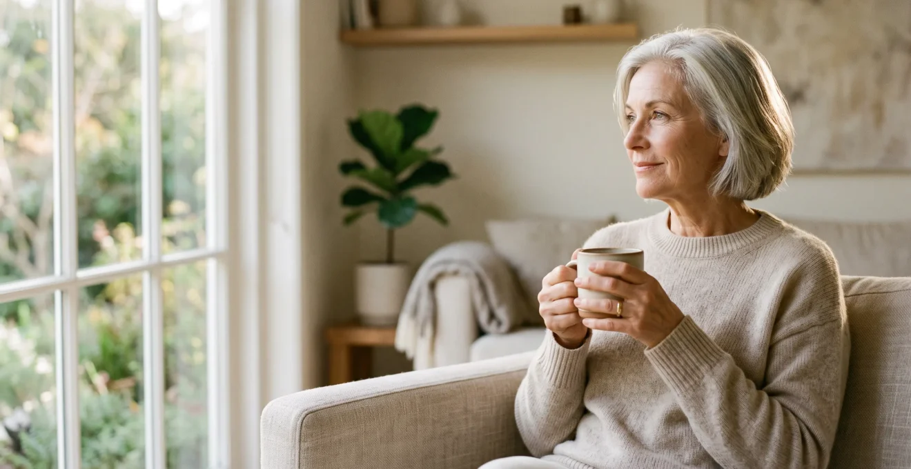 Personne senior regardant au loin par une fenêtre lumineuse, symbolisant la sérénité financière face aux dépenses de santé après 60 ans