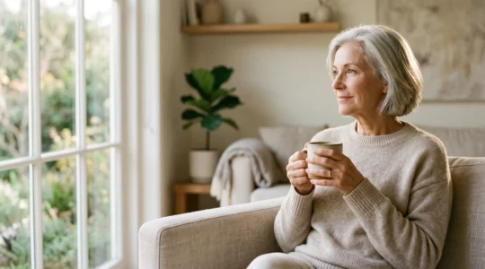 Personne senior regardant au loin par une fenêtre lumineuse, symbolisant la sérénité financière face aux dépenses de santé après 60 ans