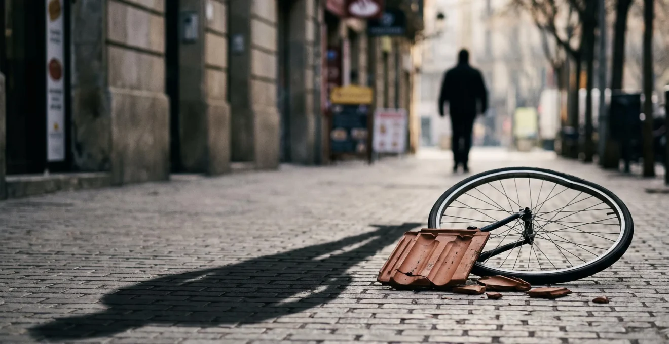 Une tuile brisee au sol pres d'un velo renverse, symbolisant le risque financier d'un accident cause par negligence