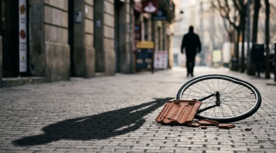 Une tuile brisee au sol pres d'un velo renverse, symbolisant le risque financier d'un accident cause par negligence