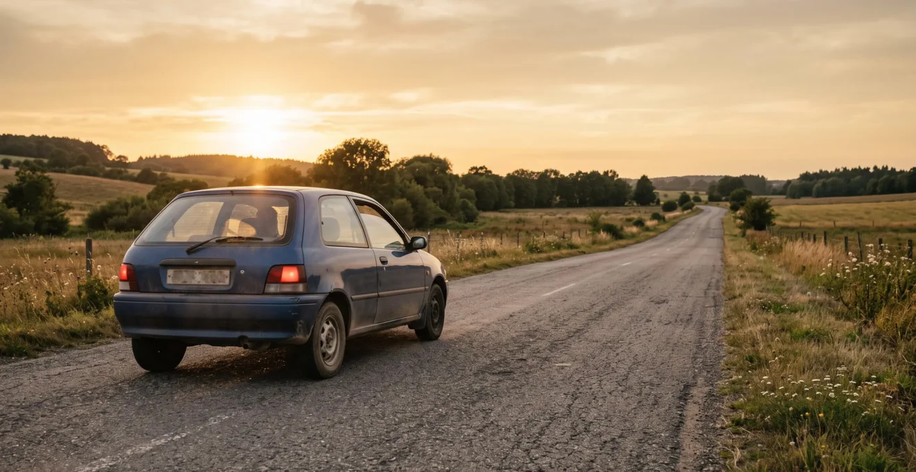 Petite voiture citadine roulant sereinement sur une route dégagée en fin de journée, symbole d'une assurance auto minimale mais légale