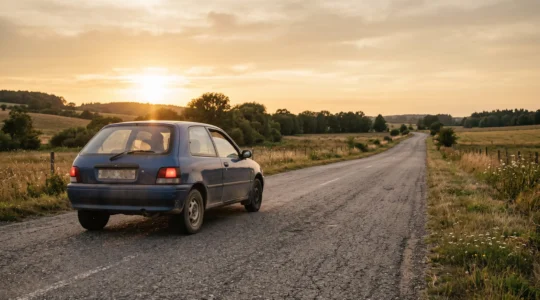 Petite voiture citadine roulant sereinement sur une route dégagée en fin de journée, symbole d'une assurance auto minimale mais légale