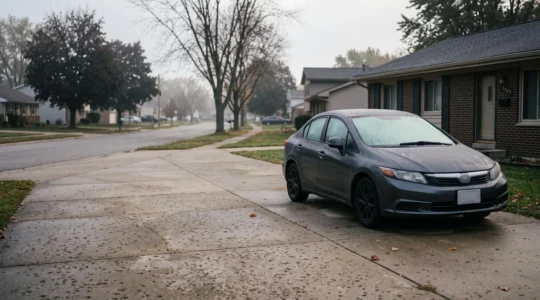 Voiture particulière stationnée devant un pavillon en semaine, symbolisant l'immobilisation du véhicule et le coût d'une assurance auto inadaptée aux conducteurs occasionnels